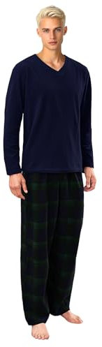 Nikaro Pigiama natalizio da uomo in pile a costine, con pantaloni scozzesi, comodo abbigliamento da notte invernale, Marina Militare, XXL
