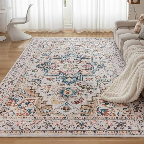 CHOSHOME Waschbarer Teppich Wohnzimmer 120x170CM Vintage Kurzflor Teppiche Groß Weiche Teppich für Schlafzimmer rutschfest Flauschiger Teppiche Beige