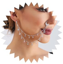 Wendalern Bijoux Nez-oreille En Chaine Pour Femmes Faux Anneau De Nez Avec Chaine Pompon Anneau De Nez Indien Maléfique Clous De Nez Non Perforant Narine Corps Costume Accessoires Pour Adolescentes