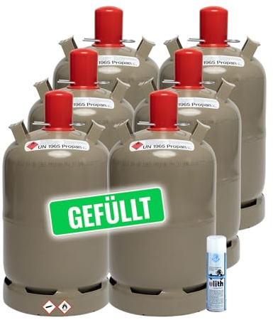 Bluecraft Propan-Gas-Flasche 11 kg gefüllt voll Campinggasflasche inkl. Lecksuchspray (6 Stück)
