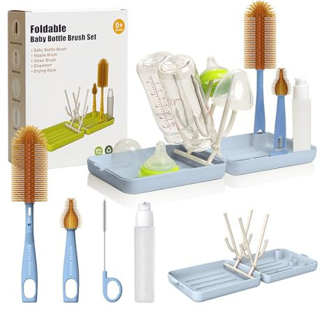 YOTIME Set Cepillo Limpia Biberones Viaje con Secar Biberones, para Esenciales Viaje Bebés, Visita a Amigos y Relaciones, Azúl