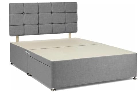 Divan Beds Deals | Stylish Grey Chenille Double Bed Frame | Double Bed Base with 20” High Cube Headboard and No Storage Drawers | Room Decore Double Frame