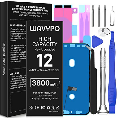 Akku für iPhone 12, Wavypo 3800mAh Hohe Kapazität 0 Zyklus Akku Ersatz für iPhone 12 A2172 A2402 A2403 A2404 mit Full Replacement Tool Kit