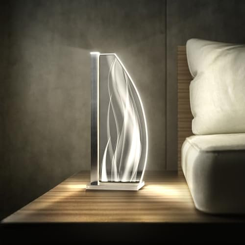 Luverre Tischlampe | LED-Leuchte | Glas-Leuchte mit Gravur für Nachttisch, Kommode, Wohnzimmer | Abstrakt, Geometrie, Kunst (Wellenfusion, Segel | silber)