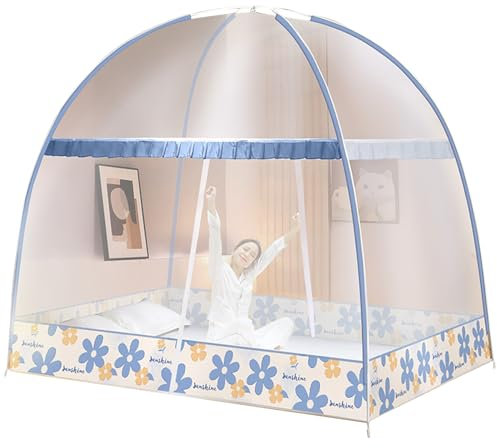 Porceosy Betthimmel, Kuppel, Moskitonetz, Doppeltür, Moskito-Zelt, volle Abdeckung, Reißverschluss, vollständig geschlossener Bettvorhang, blau