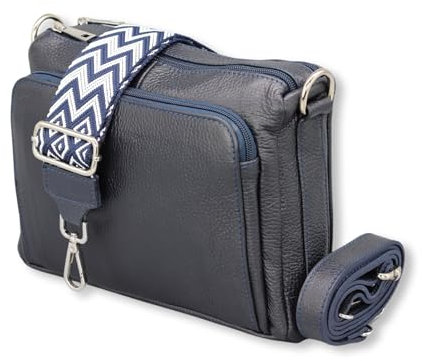 ADEL Umhängetasche Damen Echtes Leder Becky Handgemachte Crossbody Bag 5 Fächer Schultertasche mit Ledergurt + Breitem Gemustertem Riemen Verstellbarer Gurt Made in Italy (Dunkelblau)