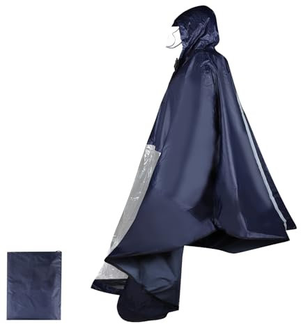 LALAGO Universal Elektromobil Poncho, Regencape mit Kapuze und Durchsichtigem Panel, Regenponcho für Elektrofahrzeuge, Umhang für Outdoor Aktivitäten - Wetterfest Robust (Marineblau mit Spiegeltasche)