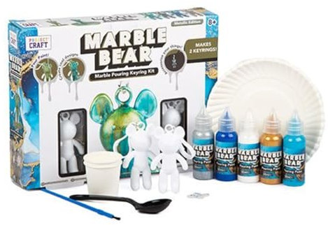 RMS International Craft Hub Marble Bear Series 1 Marble Pouring Keyring Kit Design/Paint Your Own Bear Childrens Kids Art & Craft 8+ Years (Metallic)