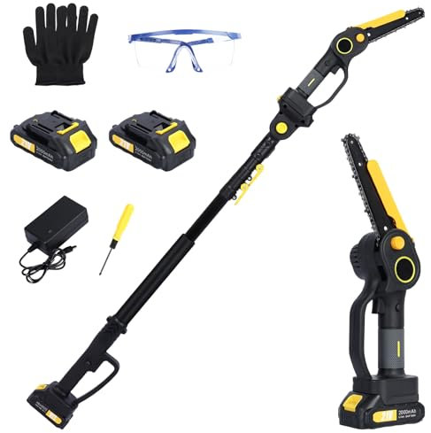 Motosega elettrica 2 in 1 e motosega elettrica da 6 pollici, mini motosega con batteria 2 x 2000 mAh, motore senza spazzole, telescopico, con manico telescopico altezza fino a 3,5 m