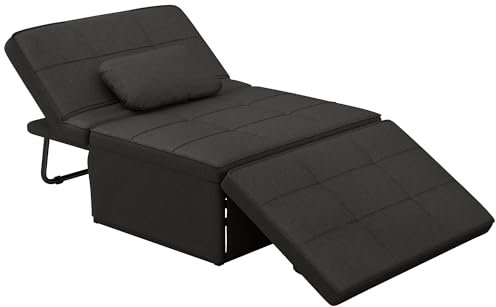 HOMCOM Chauffeuse 1 Place 4 en 1 Fauteuil lit Convertible Pouf Dossier inclinable 5 Niveaux Repose-Pied Rabattable, Charge 200 Kg, châssis métal et Tissu Lin Noir