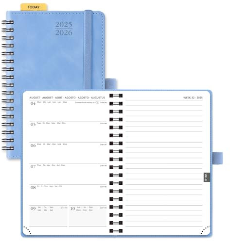 POPRUN Taschenkalender 2025 2026 Klein Notizbuch (Aug.2025-Dez.2026), ca. A6 (16 x 10,5 cm), kalender 2025 Klein Ringbuch mit Softcover - Terminplaner mit Plastiklineal - Cyanblau