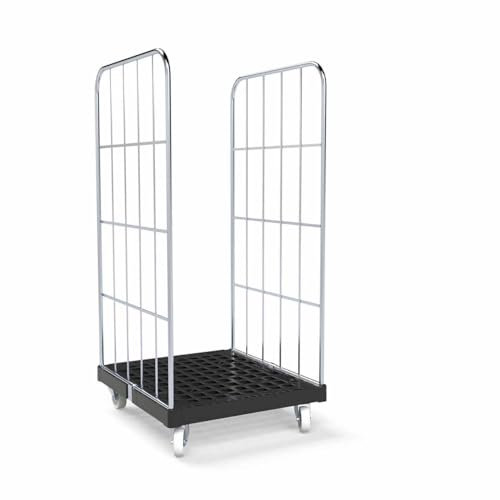 Abrollwerk Rollbehälter 1350 mm Nutzhöhe, Kunstoffplatte schwarz, 2-seitig, schwarz, Maße 724 x 815 mm – robuster Gitterwagen Typ Cr3-verzinkt für Garage, Lager, Transport und Logistik