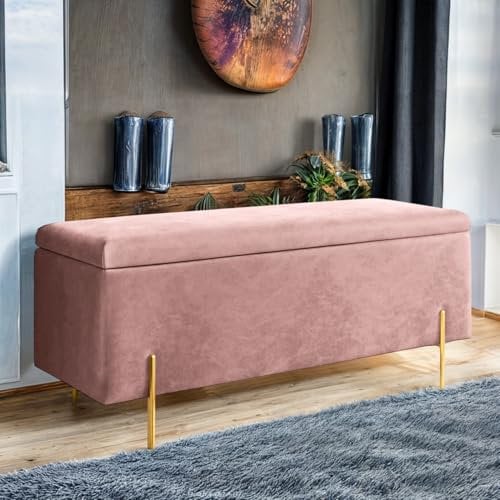 Harveys Living Ottoman Storage Box - Engineered Wood Luxurious Plain Plush Velvet Ottoman Storage Bench (Pink, Plain)
