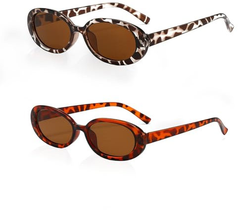 Werownsgso 2 Stück Vintage Oval Sonnenbrille, 90er Retro Sonnenbrillen, Vintage Katzenauge Sonnenbrille, Modische Schmale Sunglasses für Damen Reisen Geschenke (Farbe 2)