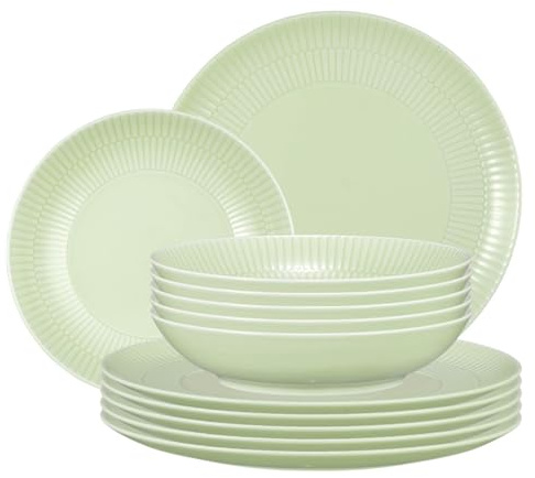 Seltmann Weiden Amina Seladon Tafelservice 12-teilig, Runde Speiseteller (28 cm) und Suppenteller (21 cm) für 6 Personen, Geschirr-Set mit dezentem Relief-Muster, Porzellan, Grün