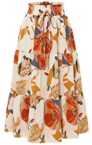 Plissee Rock Damen Lang Mit Taschen Hohe Taille Faltenrock Sommerrock Damen Knielang Kordelzug Strandkleid Strandkleider Elegant Plissee Rock Midi Skirt（6-Orange，M）