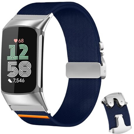 LanQii Nylon Armband Kompatibel mit Fitbit Charge 6/Charge 5, Weich Nylon Uhrenarmband mit Schließe im Fallschirm-Stil, Elastisch Sport Ersatzarmband für Fitbit Charge 6/5, Dunkelblau
