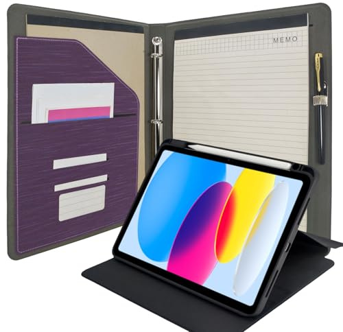 Tablet-Organizer, Portfolio-Hülle mit Klemmbrett, 3-Ringbuch, Padfolio-Aktenordner mit drehbarer Abdeckung, kompatibel mit iPad (A16) 11. Generation 2025 / iPad 10. Generation 2022, Violett