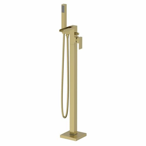 Architeckt® Dakota Bathroom Waterfall Freestanding Bath Shower Mixer Tap Handset Hose Attachment Square Single Lever Handle for Bathtub Modern, Brushed Brass