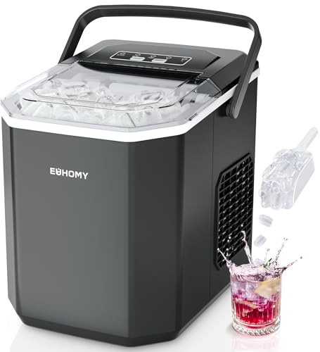 EUHOMY Machine à glaçons, 9 glaçons en 6 minutes, format Bullet, 2 tailles de glaçons, machine à glaçons de comptoir en acier inoxydable, 12 kg/jour, noire, pour la maison, la cuisine, le bureau