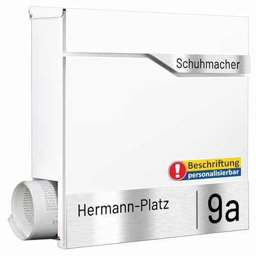 AL Briefkasten Systeme Laser-Line 1er personalisiert mit Namen + Hausnummer - Postkasten Verkehrsweiss modern mit Zeitungsfach Gravur und Absenkautomatik Wandbriefkasten Zaunbriefkasten