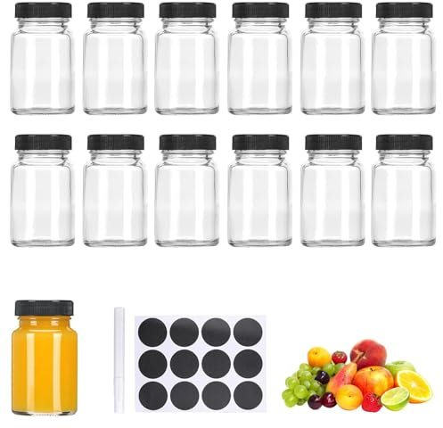 NUWIQ Lot de 13 bouteilles à shot en plastique à remplir - 60 ml - Petites bouteilles en verre réutilisables - Avec étiquettes - Pour jus, gingembre, épices - Noir
