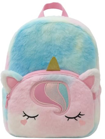 minimutz Kindergartenrucksack Einhorn Mädchen, flauschiger Rucksack Kinder Plüsch, Freizeitrucksack klein Kindergarten Kita mit Vordertasche, 26x23x7 cm, 4L