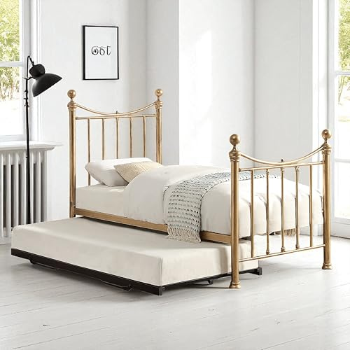 OAT Home Hampstead Victorian Single Metal Guest Bed with Black Trundle, Distressed Antique Brass Effect