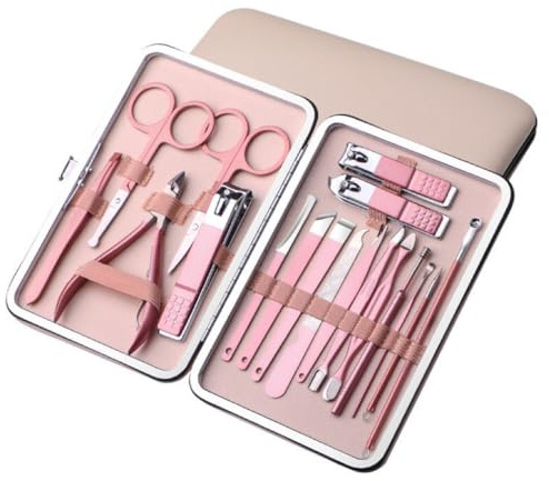 Kit de manucure professionnel 18 pièces en acier inoxydable et outils de soin des ongles, kit de pédicure professionnel avec étui, or rose