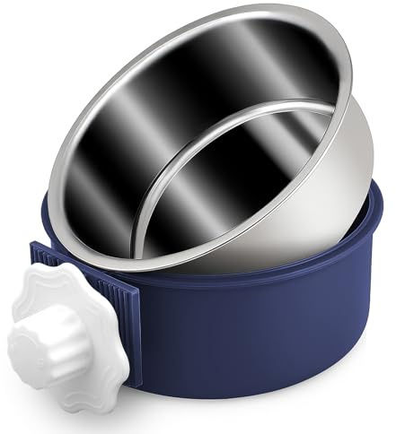 Joyoldelf 2-in-1 Dog Water Bowl, 13cm/5.1In 600ml Hanging Cage Dog Bowl, Removable Stainless Steel Dog Bowls with Plastic for Cats and Dogs and other Small Animals (Blue)