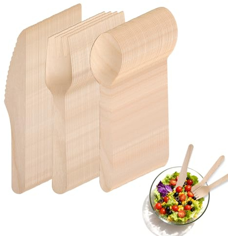 150 Stück Holzbesteck Set – 50 Gabeln, 50 Messer, 50 Löffel – Nachhaltiges Besteckset, umweltfreundliches Besteck Set als Alternative zu Einweggeschirr, ideal als Camping Besteck & Reisebesteck