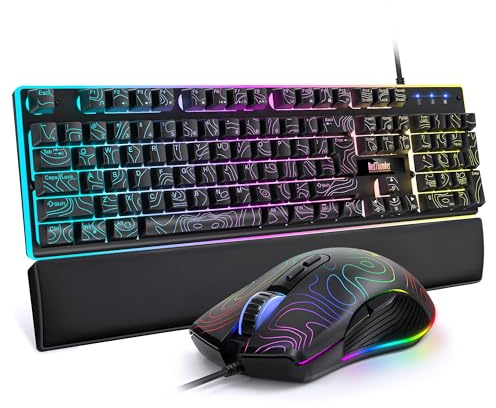 RedThunder K10 Wired Gaming Keyboard and Mouse and Wrist Rest Combo, RGB Backlit, Mechanical Feel Anti-ghosting Keyboard + 7D 7200 DPI Mice+Soft Leather Wrist Rest for PC Gamer (Contour Line)