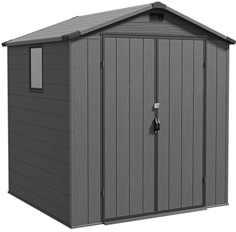 Triumphkey 6x6ft Outdoor Storage Shed, Plastic Garden Shed with Lockable Door, Weatherproof for Bike, Tools & Garbage Bin Storage for Lawn, Patio & Backyard, Dark Gray