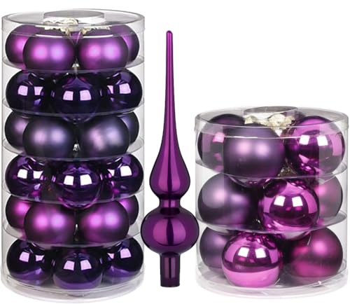 Weihnachtskugeln großes XL Set aus Glas | 12 8cm-Kugeln, 30 6cm-Kugeln und Christbaumspitze | Christbaumkugeln für Weihnachten (Purple Deluxe lila)