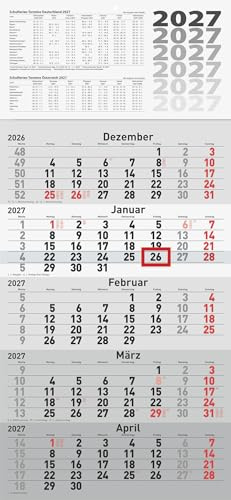 rido/idé 5-Monatskalender 2027 | grau, 300×630 mm: 1 Blatt = 5 Monate