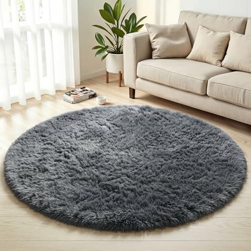 Homcomodar Hochflor Teppich Rund 160 cm Dunkelgrau Wohnzimmer Schlafzimme Teppich Flauschig rutschfest Teppiche kinderzimmer Flauschig Teppiche