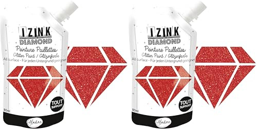 Aladine - Izink Diamond Rouge 80 ml - Peinture Pailletée - Pour Tout Support : Papier, Tissu, Béton, Métal, Bois - DIY et Loisirs Créatifs - Noël - Rouge Brillant - 80839 (Lot de 2)