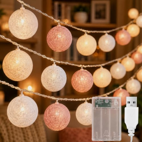 ALEGRE® Lichterkette Baumwollkugeln, 3M 20 LED Kugeln Lichterkette Batterie und USB, Cotton Ball Lichterketten Innen, Roségold Globe Lichterketten für Kinderzimmer, Hochzeit, Zimmer, Weihnachten Deko