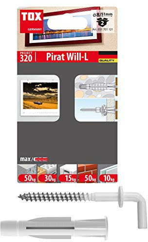 TOX Hakendübel Pirat Will-L mit Allzweckdübel TRIKA 8 x 51 mm und Schraube mit Winkelhaken, Dübel und weiß ummantelte Haken für fast alle Baustoffe, jeweils 2 Stück im Blister, 051701121