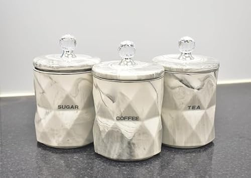 DEENZ Set of 3 Grey Marble Design Coffee Tea Sugar Canisters Container Kitchen Jar Pots Crystal