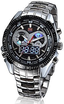 FENKOO Herren Beobachten Japanischer Quartz Sportuhr LED/Kalender/Wasserdicht/Duale Zeitzonen/Alarm Edelstahl Band Armbanduhr