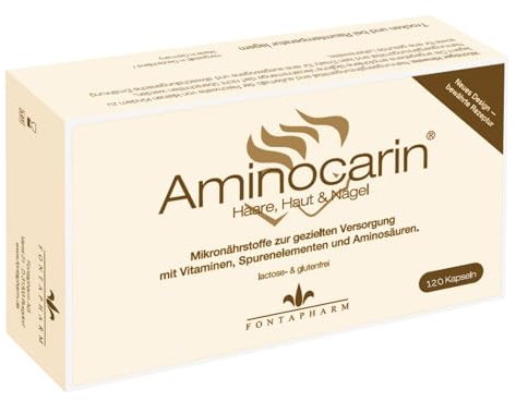 Aminocarin® Kapseln für Haare, Haut & Nägel mit Biotin, Selen, Zink & Collagen - Vitamine A, C & B-Komplex - Hochdosierter Nährstoffkomplex mit 14 Wirkstoffen - 60 Stück.