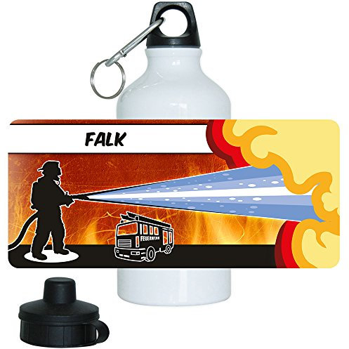Eurofoto Trinkflasche mit Namen Falk und schönem Feuerwehr-Motiv für Jungs, aus Aluminium