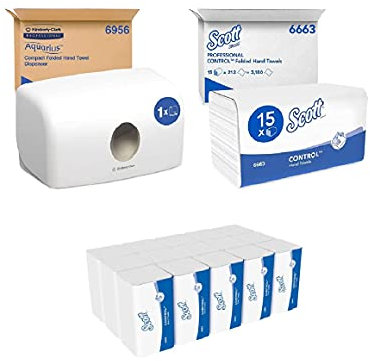 Aquarius Multifold Hand Towel Dispenser 6956 - 1 x White Compact Paper Towel Dispenser + Scott Control Interfold Hand Towels 6663 - 15 Packs x 212 Paper Hand Towels