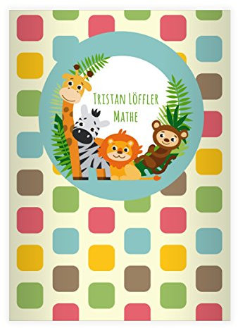 Kartenkaufrausch 16 personalisierte, Fröhliche, buntes Zoo DIN A4 Grundschul Hefte mit Giraffe, Zebra und co in blau Kontrastlineatur 1
