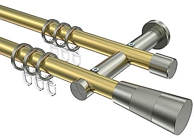 Interdeco Gardinenstangen Messing-Optik/Edelstahl-Optik 20 mm Ø zweiläufig Platon Tanara, 540 cm