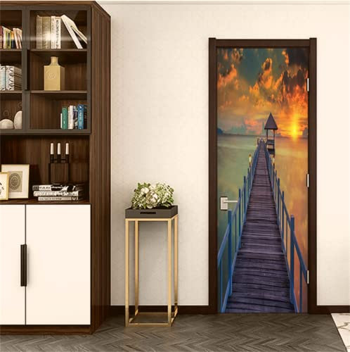 FLFK 3D Türtapete Selbstklebend TürPoster 77x200cm-Meer Sonnenuntergang Seebrücke Türaufkleber Abziehen und Aufkleben Mauer Aufkleber Zuhause Dekor(2 Stk/Set)
