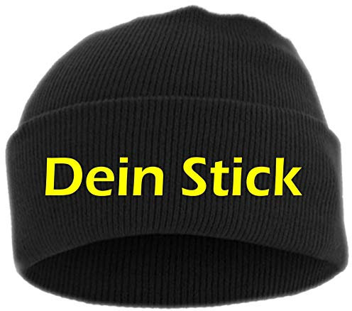HB_Druck Umschlagmütze mit Wunschtext - Blockschrift - Bestickt - Mütze Strickmütze Gelb Einheitsgröße