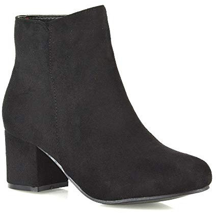 ESSEX GLAM Womens Ankle Boots Ladies Low Block Heel Zip Up Black Booties Size 3-8