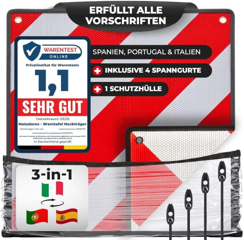 MATADORES Premium 3in1 Warntafel für Italien UND Spanien + Portugal | + Tasche + 4 Spanngurte | Aluminium, 50x50cm, reflektierend | Für Fahrradträger/Heckträger